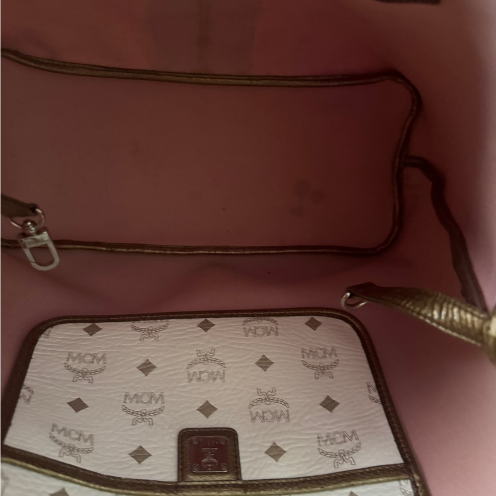 MCM White and Gold Visetos Tote with Brown Trim - Picture 5 of 10